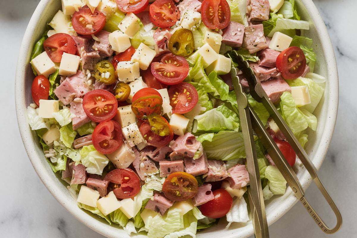 "Sub in a Tub" Salad Composition: The image shows a top-down view of a "Sub in a Tub" salad placed on a marble surface. The salad is served in a large, round white bowl, which is being held by two hands at the bottom left and right corners of the bowl. Main Ingredients: Lettuce: The salad appears to be primarily composed of roughly chopped iceberg lettuce, which forms the bulk of the base. The leaves are fresh and crisp, with a light green color. Tomatoes: Small cherry or grape tomatoes, halved, are scattered throughout the salad. They are vibrant red, adding a pop of color to the dish. Deli Meats: The salad includes various cuts of deli meats such as ham, salami, and perhaps mortadella. The meats are diced into bite-sized pieces, giving the salad a hearty appearance. Cheese: There are cubes of cheese, likely provolone or mozzarella, intermixed with the other ingredients. The cheese is pale yellow or white, adding a creamy texture to the salad. Pepperoncini: Slices of pickled pepperoncini peppers are dispersed throughout the salad. The peppers are a light green-yellow color, adding a tangy and slightly spicy element. Red Onion: Tiny bits of finely chopped red onion can be seen scattered in the salad, adding a bit of sharpness and color contrast. Garnish and Seasoning: Dressing: The salad appears to be lightly dressed, likely with a vinaigrette or Italian dressing. The dressing adds a slight sheen to the ingredients, making them look fresh and appetizing. Black Pepper: There are visible specks of freshly cracked black pepper sprinkled over the salad, adding an extra layer of seasoning. Serving Utensils: Two gold-colored serving utensils, possibly salad forks or tongs, are placed in the salad, ready for serving. They are positioned near the center, slightly angled away from each other. Background Elements: To the top right of the bowl, there is a small white dish containing extra slices of pepperoncini. There’s another small white dish behind the pepperoncini, containing freshly ground black pepper. A folded, gray-striped napkin is partially visible on the left side of the image, adding a touch of rustic elegance. Lighting and Presentation: The lighting is soft and natural, likely from a window, enhancing the freshness of the ingredients. The overall presentation is casual yet appetizing, making the salad look like a perfect option for a light, yet satisfying meal.