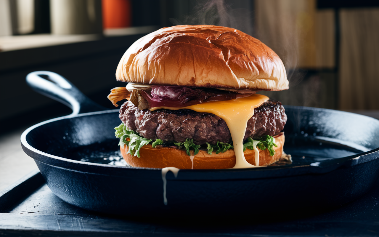 Create a high-resolution image of a deliciously crispy burger, sizzling on a hot cast-iron skillet. The burger patty should have a golden-brown crust, with visible texture and slight charring on the edges. In the background, showcase a rustic kitchen setting with soft lighting, emphasizing the burger’s crispy exterior. Add a slice of melting cheese gently oozing over the patty. Include a hint of steam rising from the skillet to evoke the sensation of freshly cooked food. The colors should be rich and warm, focusing on the contrast between the dark skillet and the crispy golden burger.